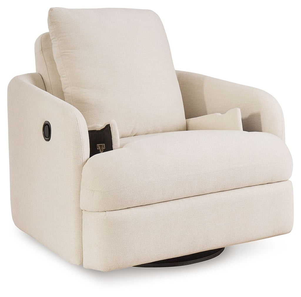 Oyster cream fabric swivel glider recliner with side pocket and padded headrest