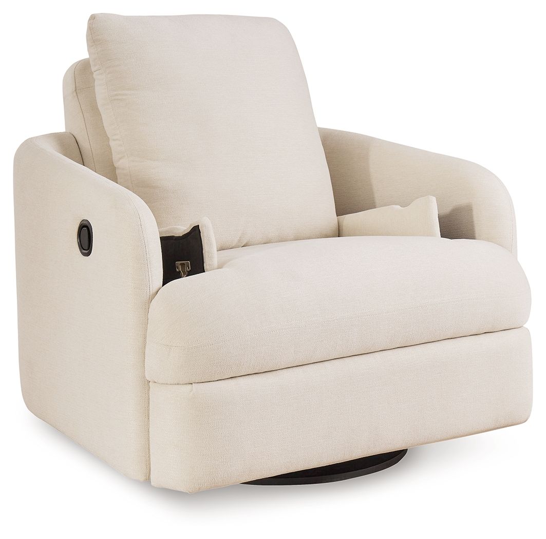 Oyster cream fabric swivel glider recliner with side pocket and padded headrest