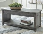 Freedan lift-top cocktail table, grayish-brown wood, with lower shelf and side panel