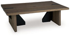 Light brown rectangular coffee table with angled black support brackets