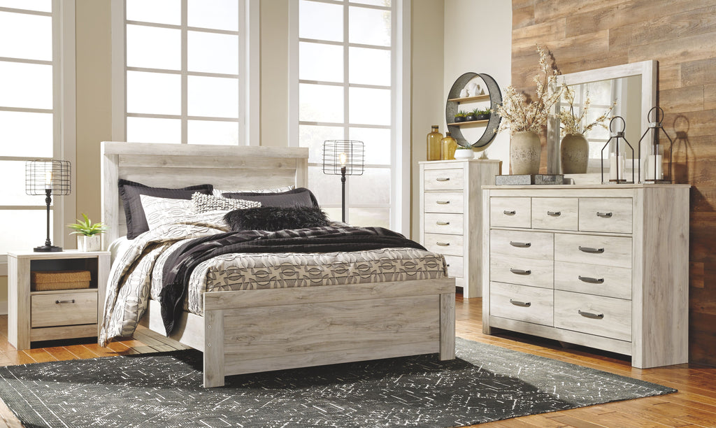 Light brown dresser with mirror and drawers, dark metal bar handles