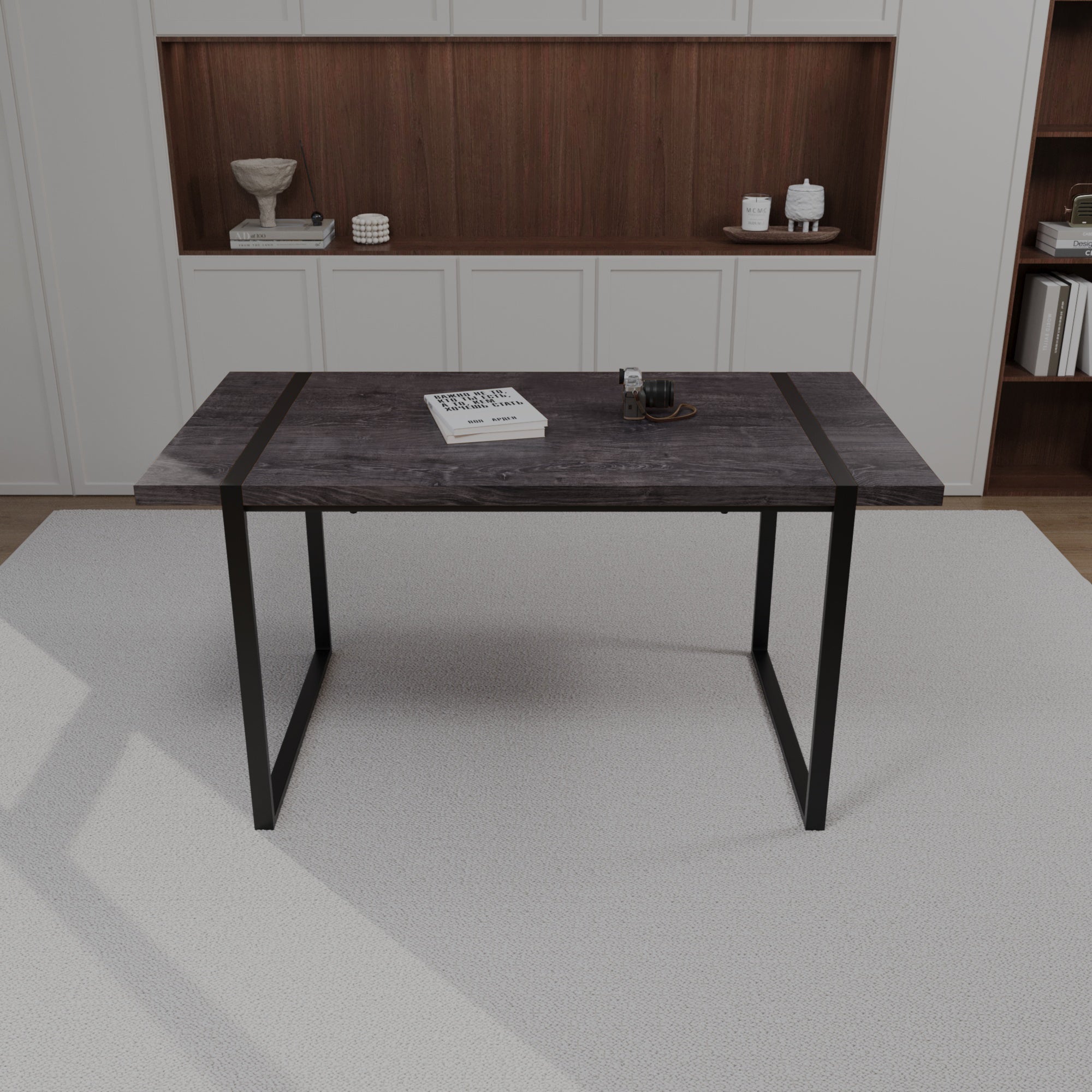 59" Black Dining Table Set - 4 Suede Chairs & Metal Base