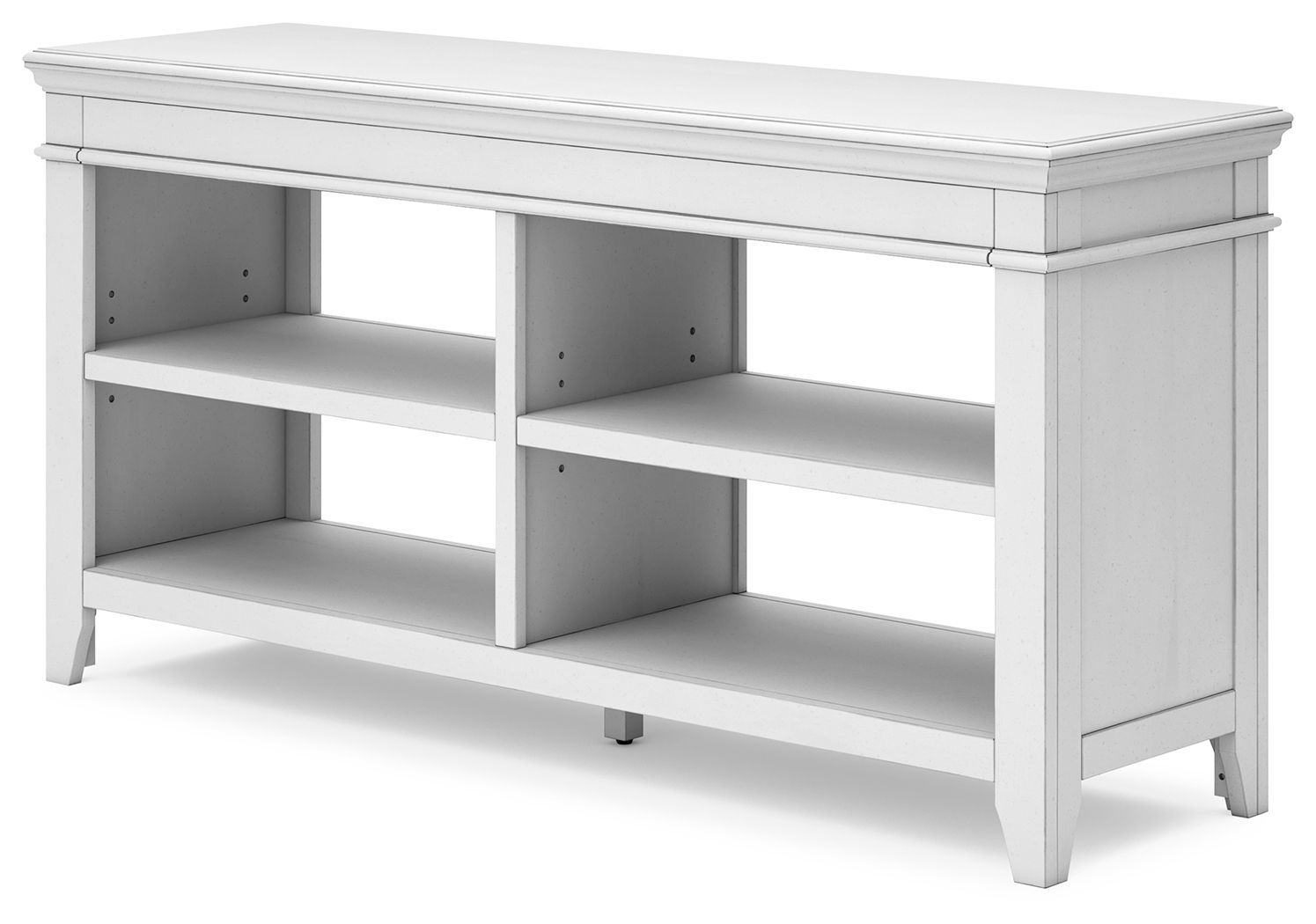 Whitewash credenza with paneled sides and open cubby shelves, three-tier storage