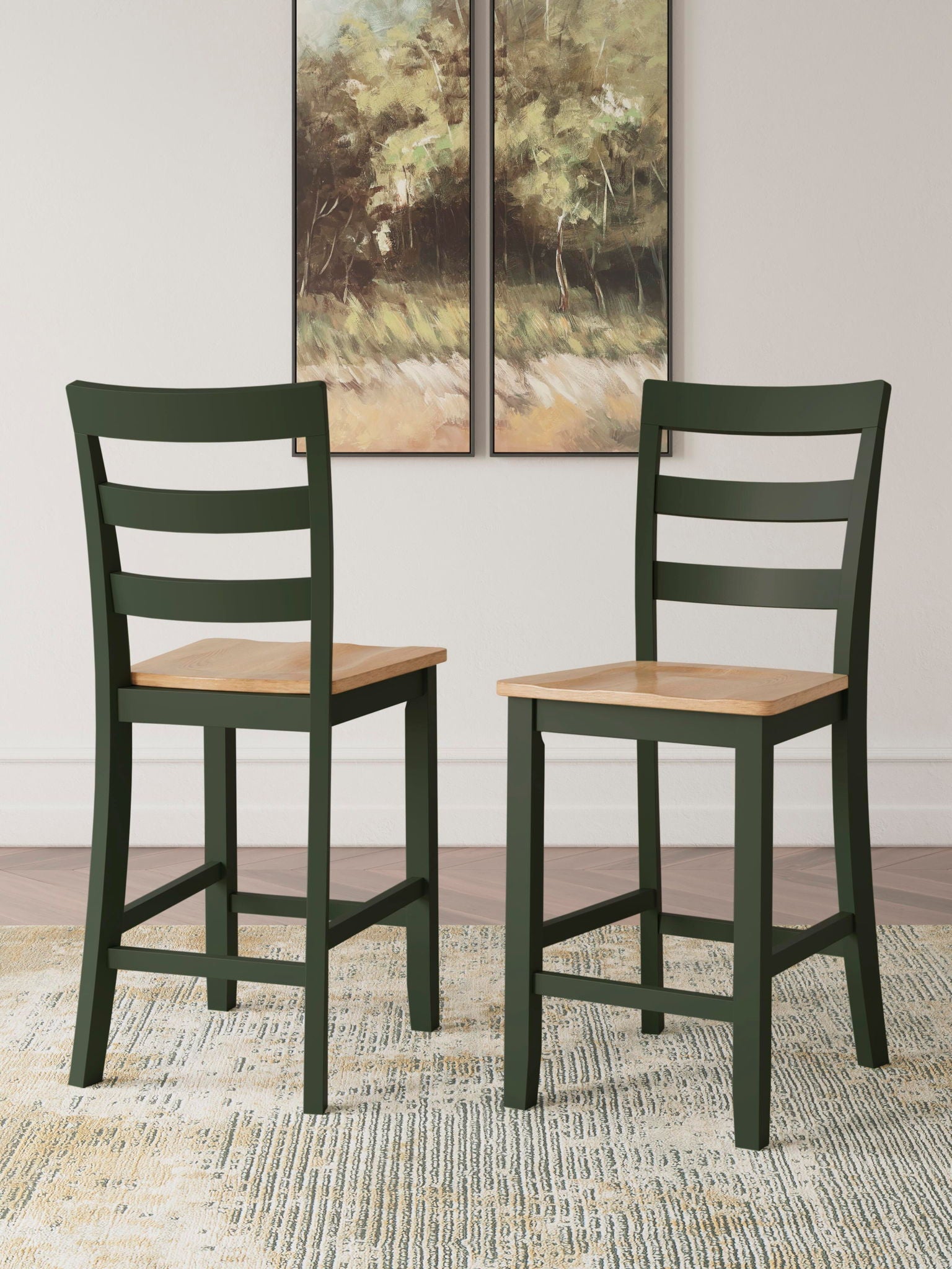 Dark green barstools set of 2 with slatted backs and square wood seats