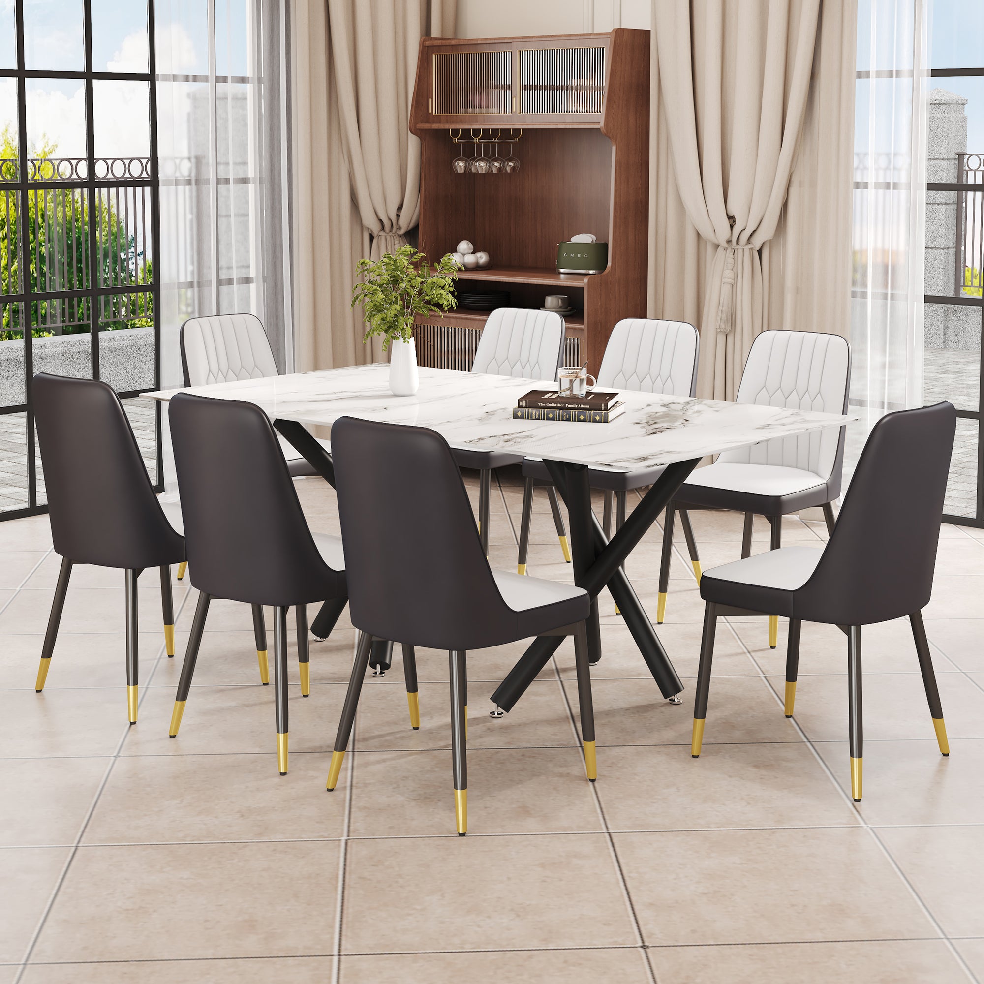 White Marble Dining Table & 8 Black Chairs Set F-1538