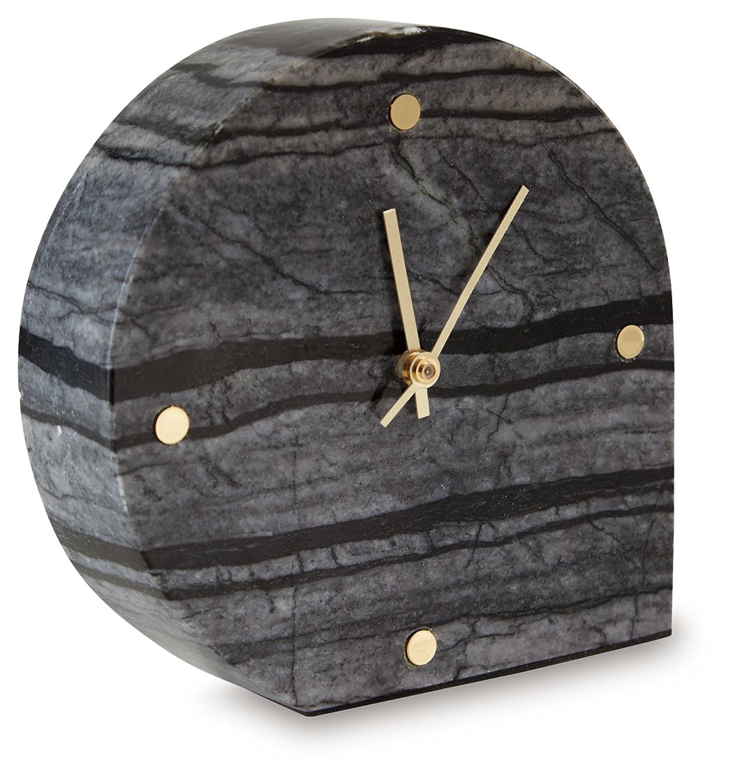 Table clock front, dark gray arched face with gold hands and dot markers