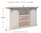 White TV stand, 54 in wide, open center shelves, two side doors, dark top