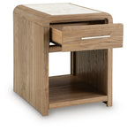 Light brown rectangular end table with front drawer, open shelves, and bar pull handles