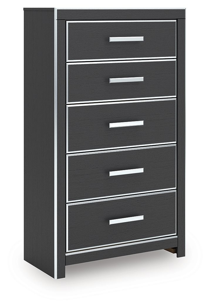Black five-drawer chest with five drawers and silver bar pulls