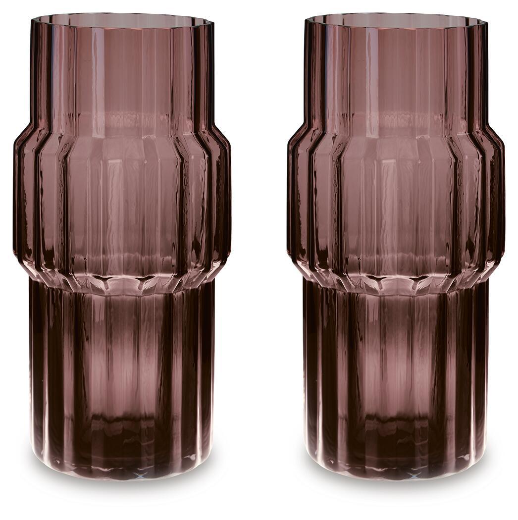 Purple ribbed glass vase with faceted sides and cylindrical body, set of 2