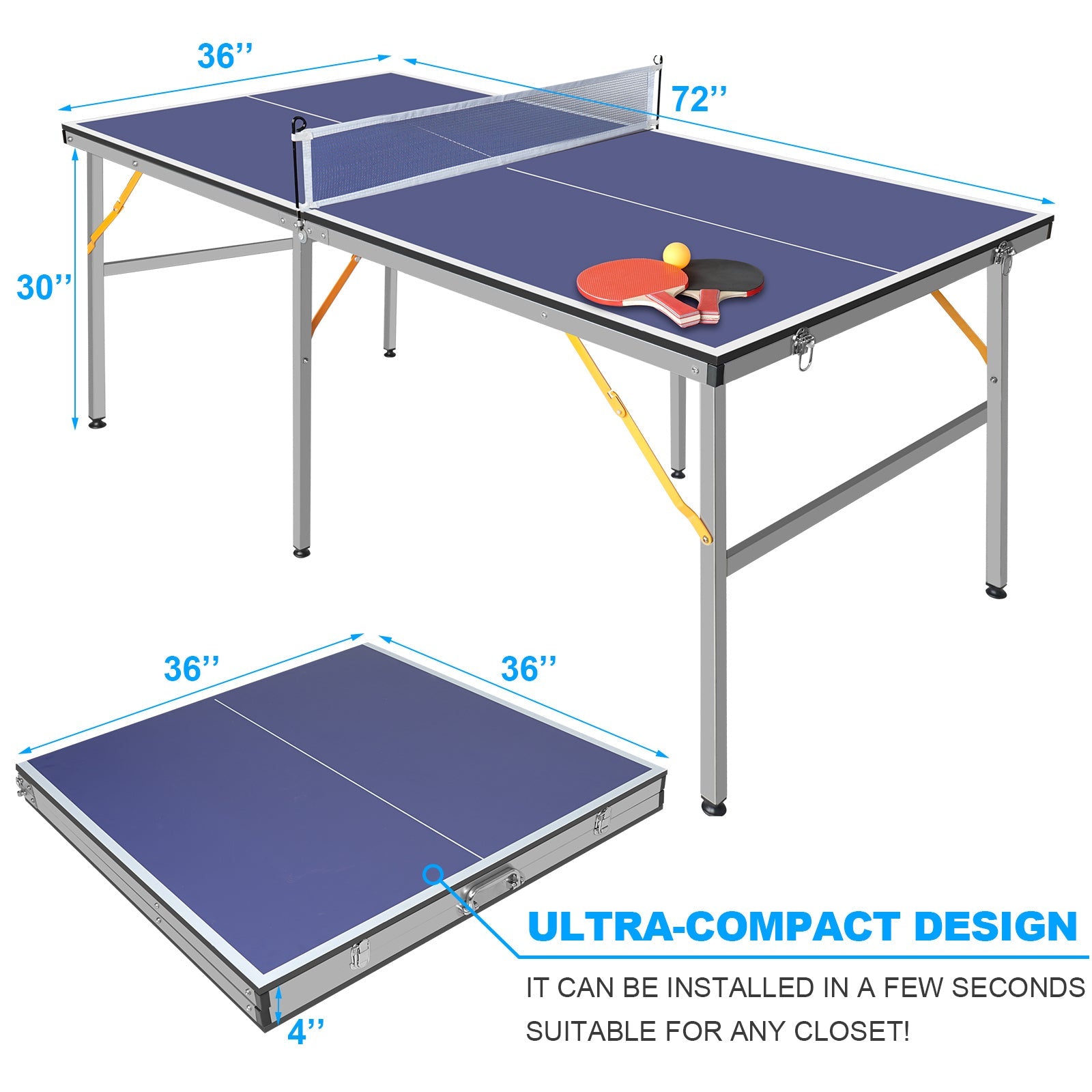 6ft Mid-Size Foldable Table Tennis Table Set with Net, Paddles, Balls