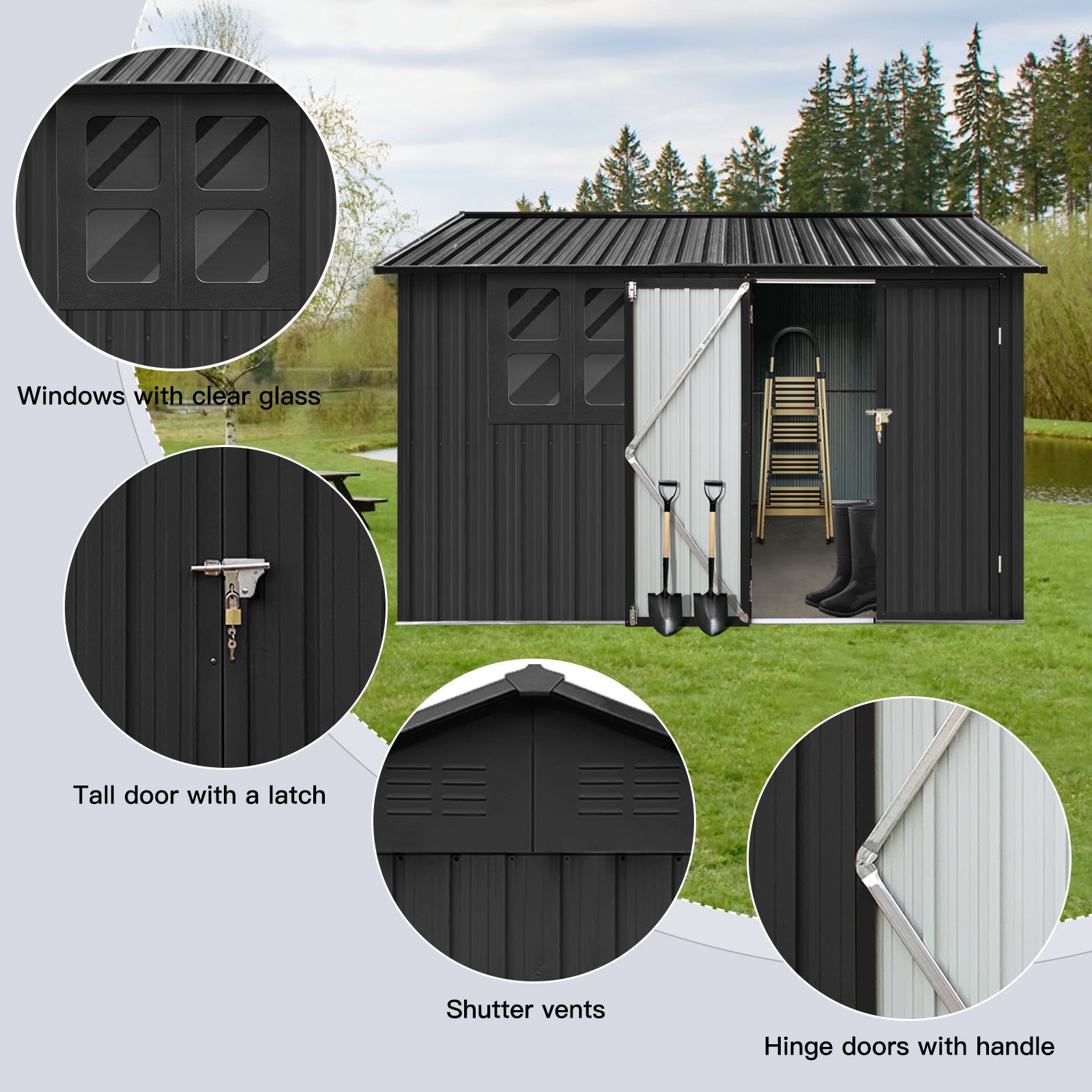 6x8 Metal Garden Shed - Outdoor Storage w/ Window - Black-American Furniture Outlet