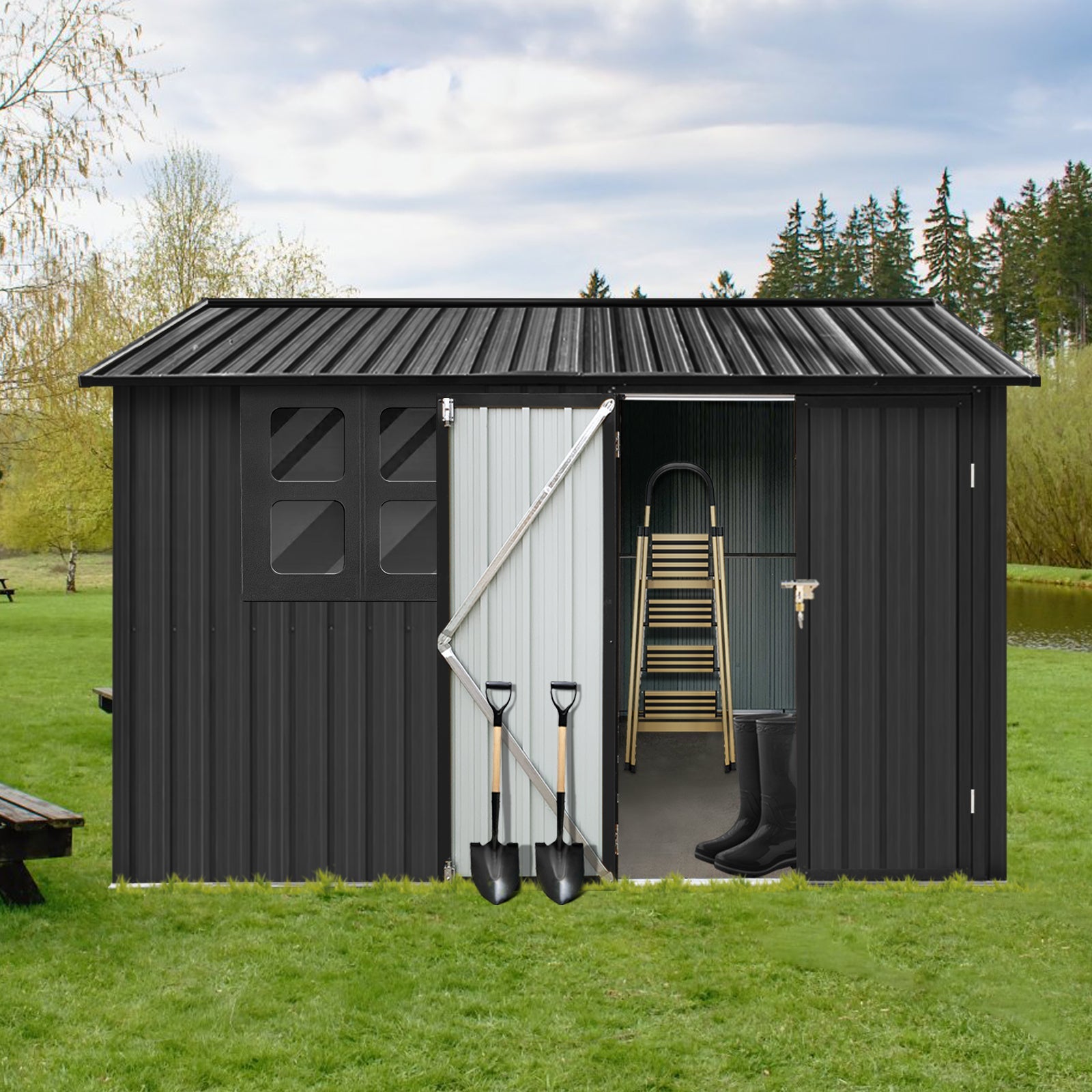 6x8 Metal Garden Shed - Outdoor Storage w/ Window - Black-American Furniture Outlet