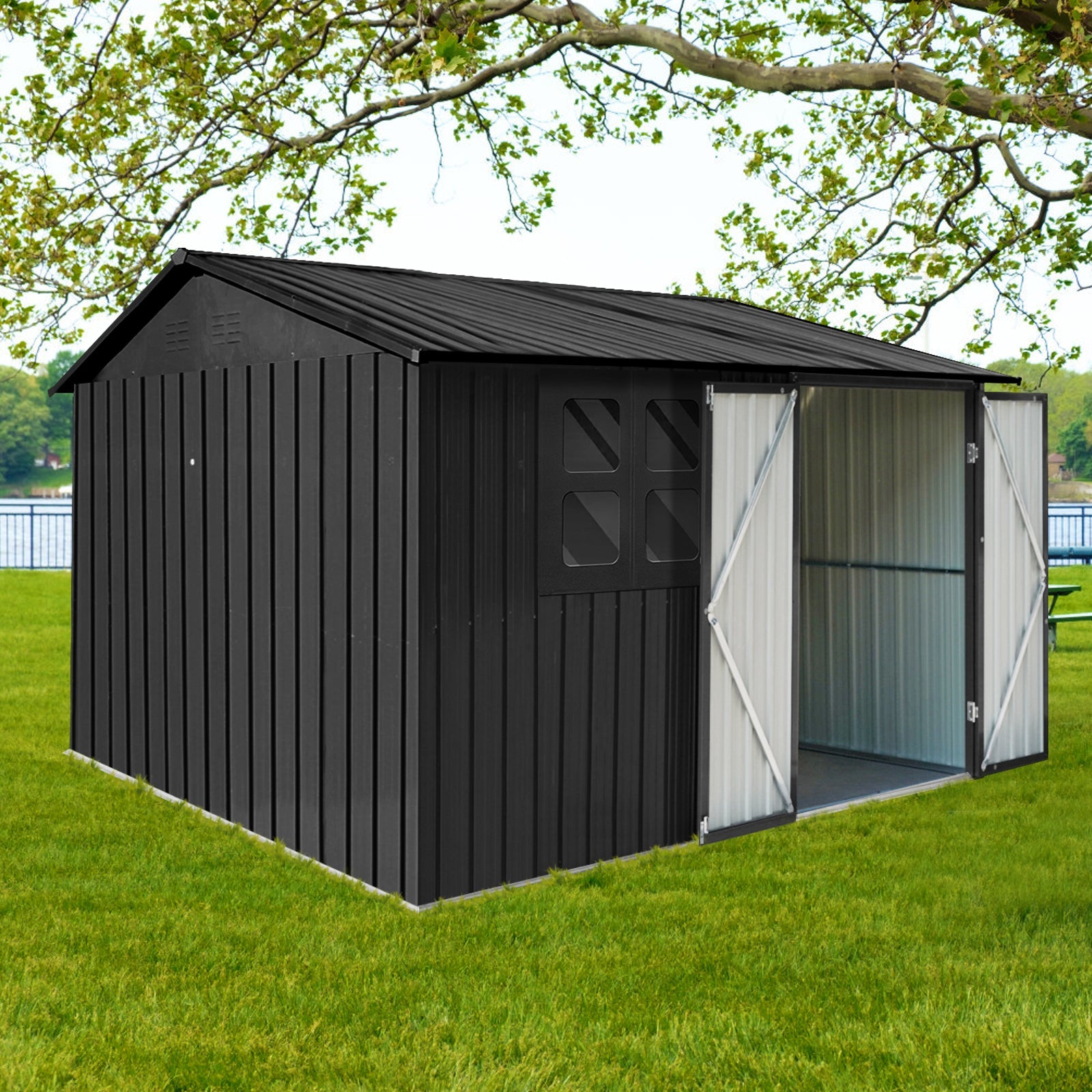 6x8 Metal Garden Shed - Outdoor Storage w/ Window - Black-American Furniture Outlet