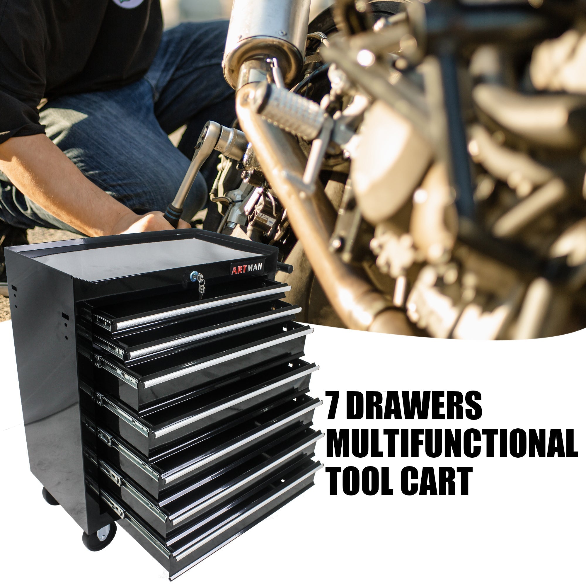 7-Drawer Multifunctional Tool Cart with Wheels - Black | Organize Tools Efficiently | Portable & Versatile-American Furniture Outlet