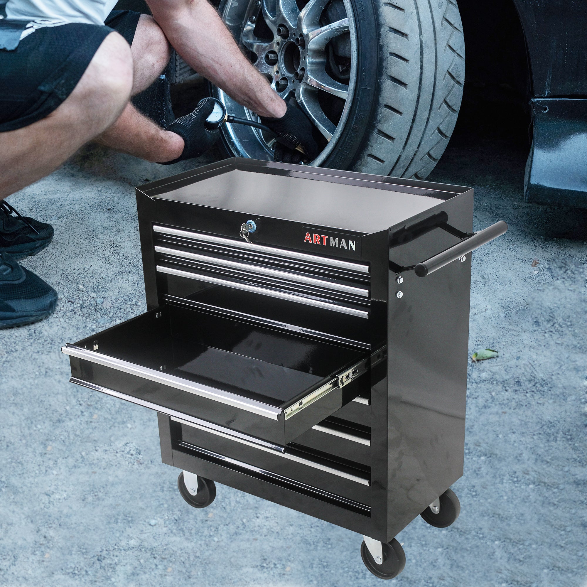 7-Drawer Multifunctional Tool Cart with Wheels - Black | Organize Tools Efficiently | Portable & Versatile-American Furniture Outlet