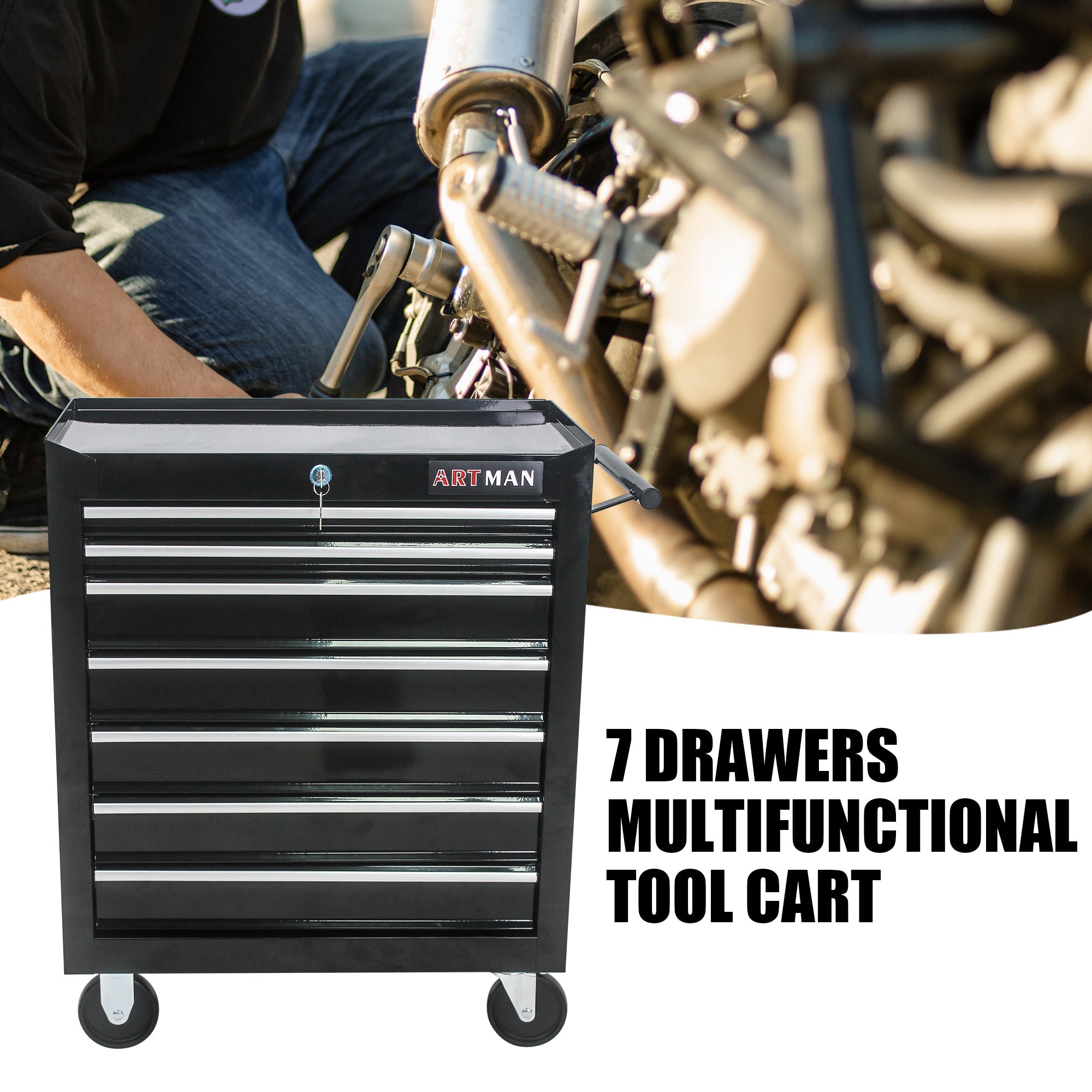 7-Drawer Multifunctional Tool Cart with Wheels - Black | Organize Tools Efficiently | Portable & Versatile