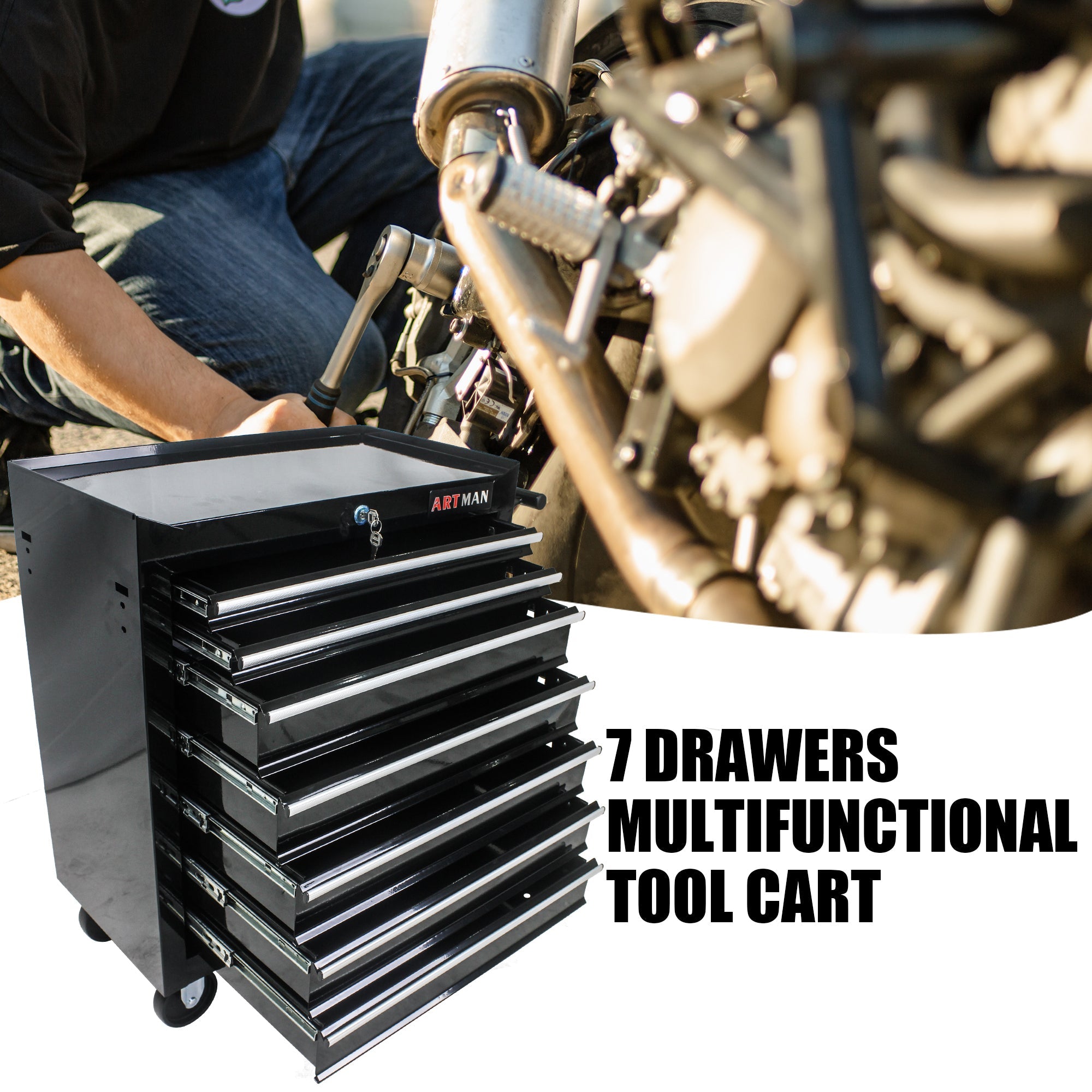 7-Drawer Multifunctional Tool Cart with Wheels - Black | Organize Tools Efficiently | Portable & Versatile