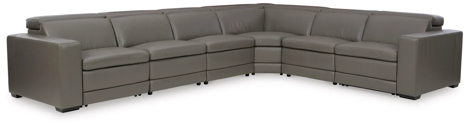 7-Piece Texline Gray Power Reclining Sectional Leather-Reclining Sectionals-American Furniture Outlet