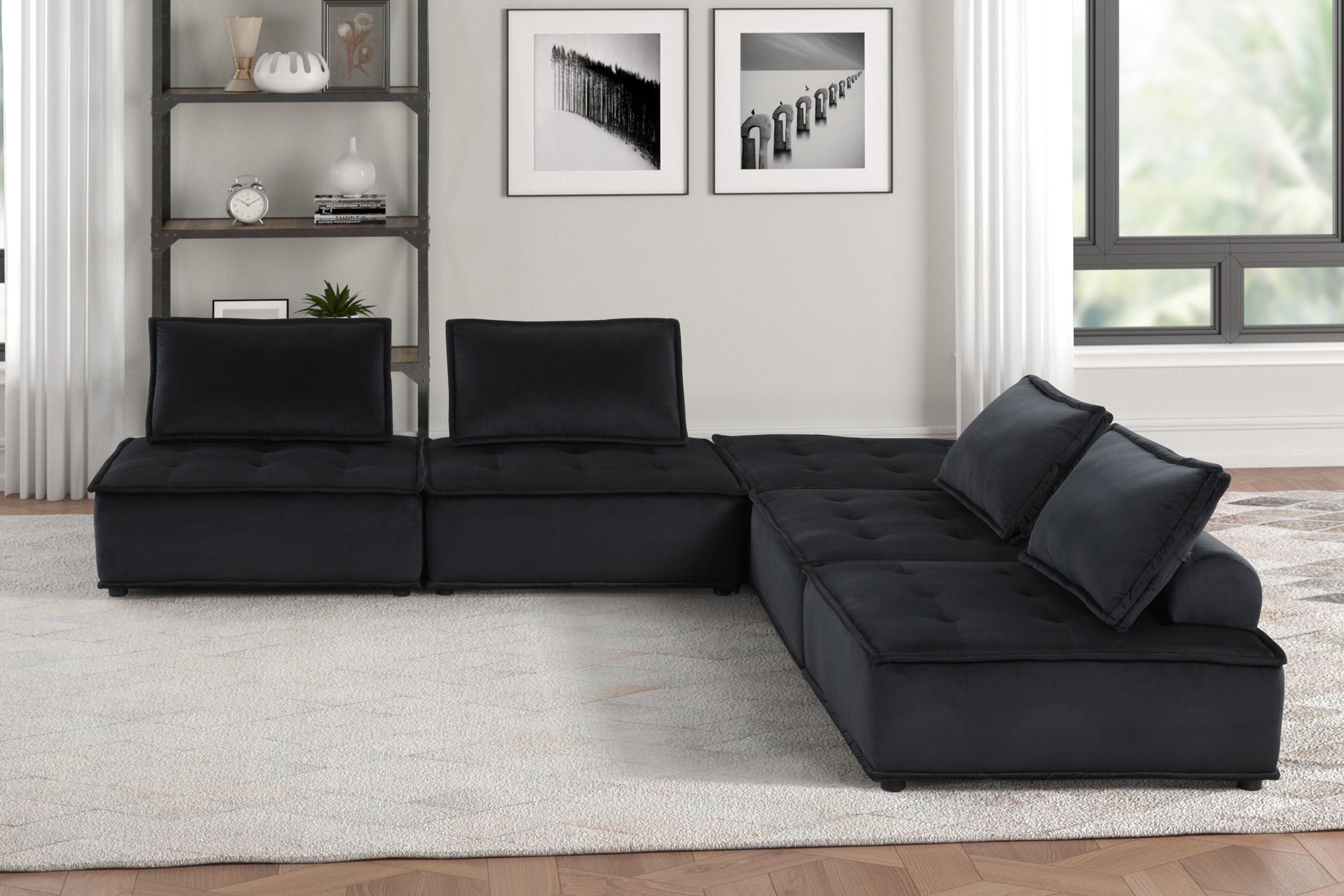Anna 120' Black Velvet 5-Piece Sectional Sofa - Luxury & Comfort
