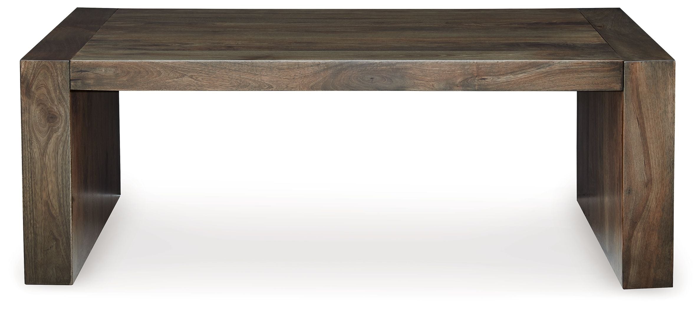 Dreggan rectangular cocktail table with wide legs and smooth brown tabletop