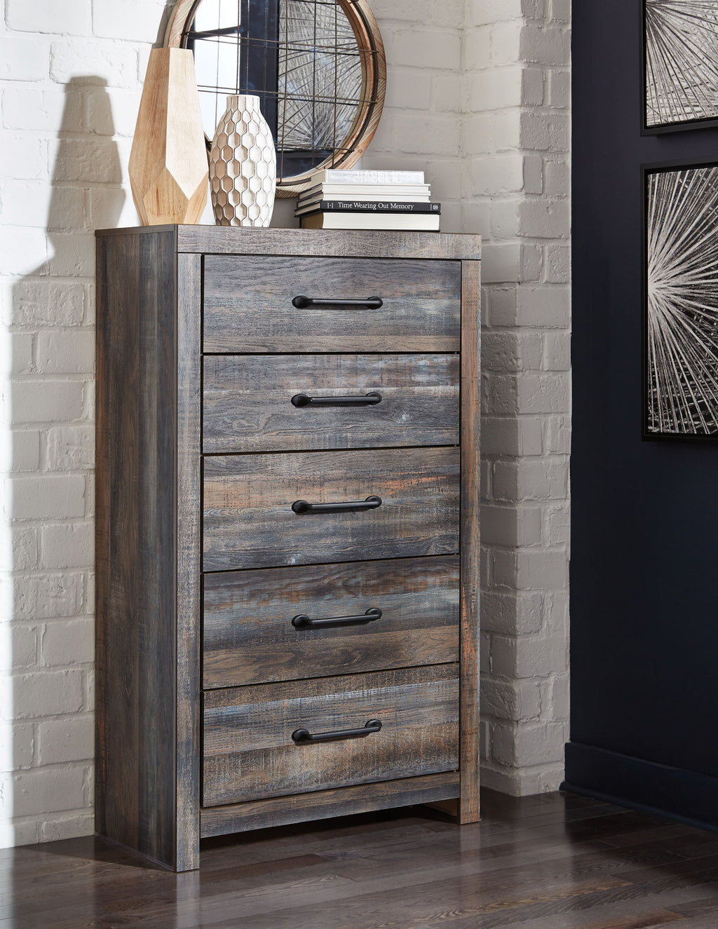 Tall chest of drawers, dark gray distressed finish, five drawers with metal bar pulls