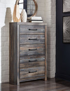 Tall chest of drawers, dark gray distressed finish, five drawers with metal bar pulls