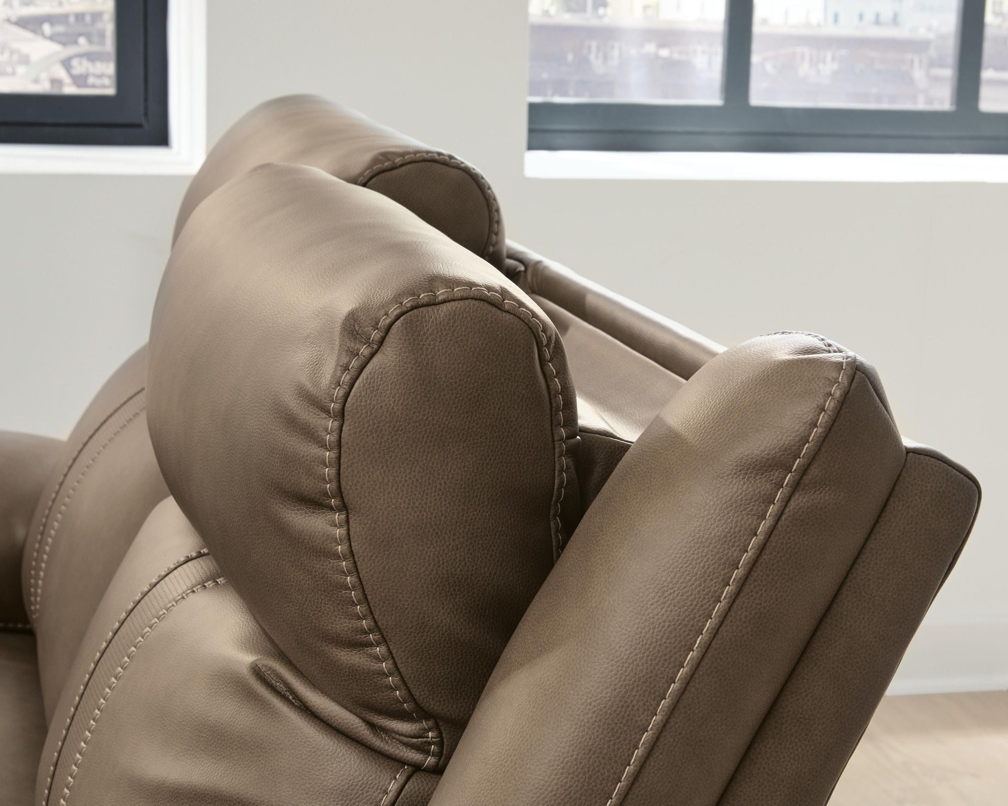 Max-Media reclining sectional sofa armrest in biscotti with power control panel