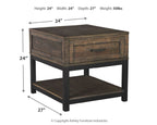 Gray-brown rectangular end table with drawer and lower shelf, front view.