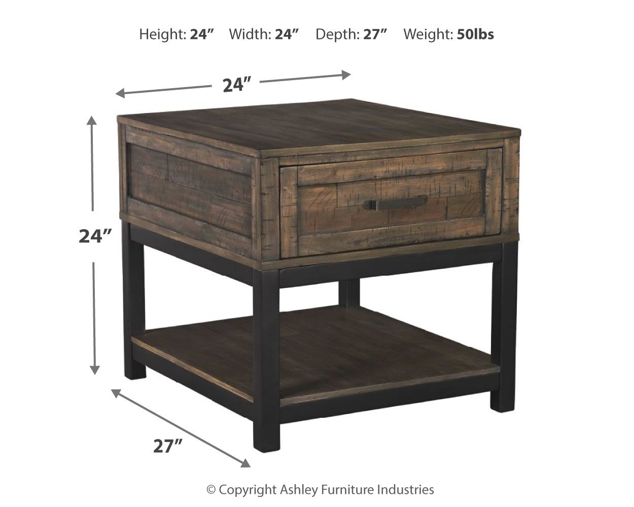 Gray-brown rectangular end table with drawer and lower shelf, front view.