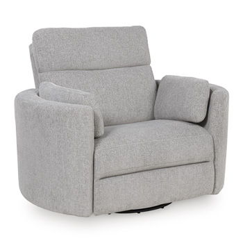 Gray swivel power recliner chair with padded arms and high back