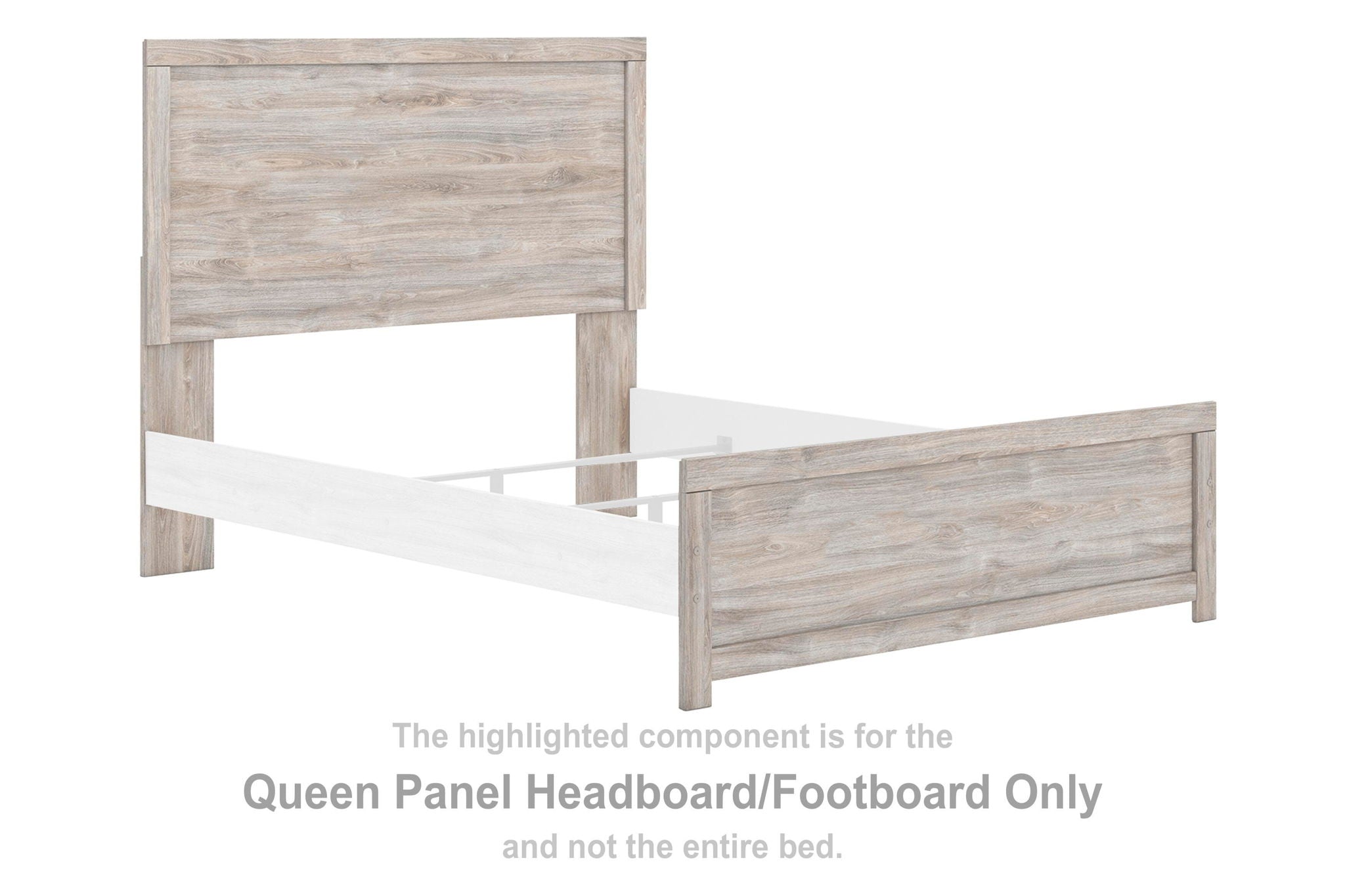 Queen panel headboard and footboard with gray finish and wood-look slatted panels