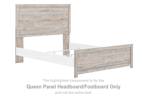Queen panel headboard and footboard with gray finish and wood-look slatted panels