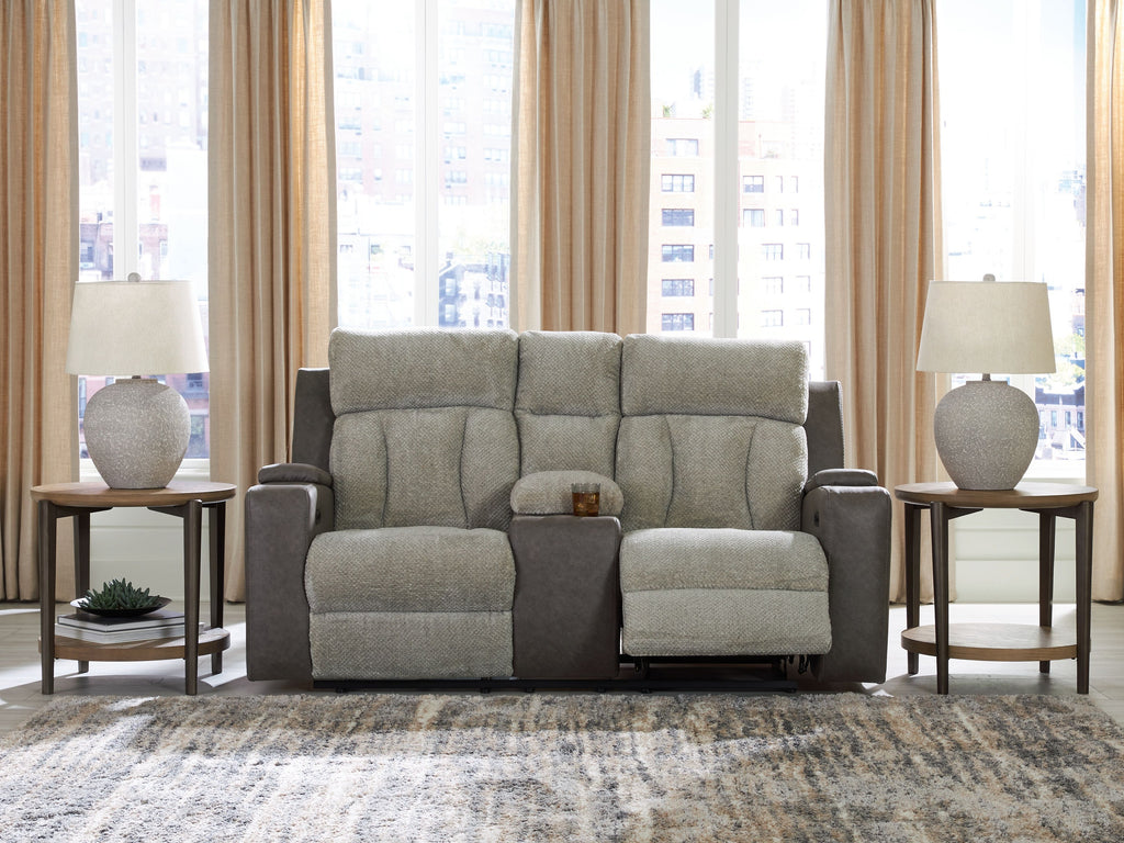 Power reclining loveseat with adjustable headrests, light textured upholstery, padded armrests
