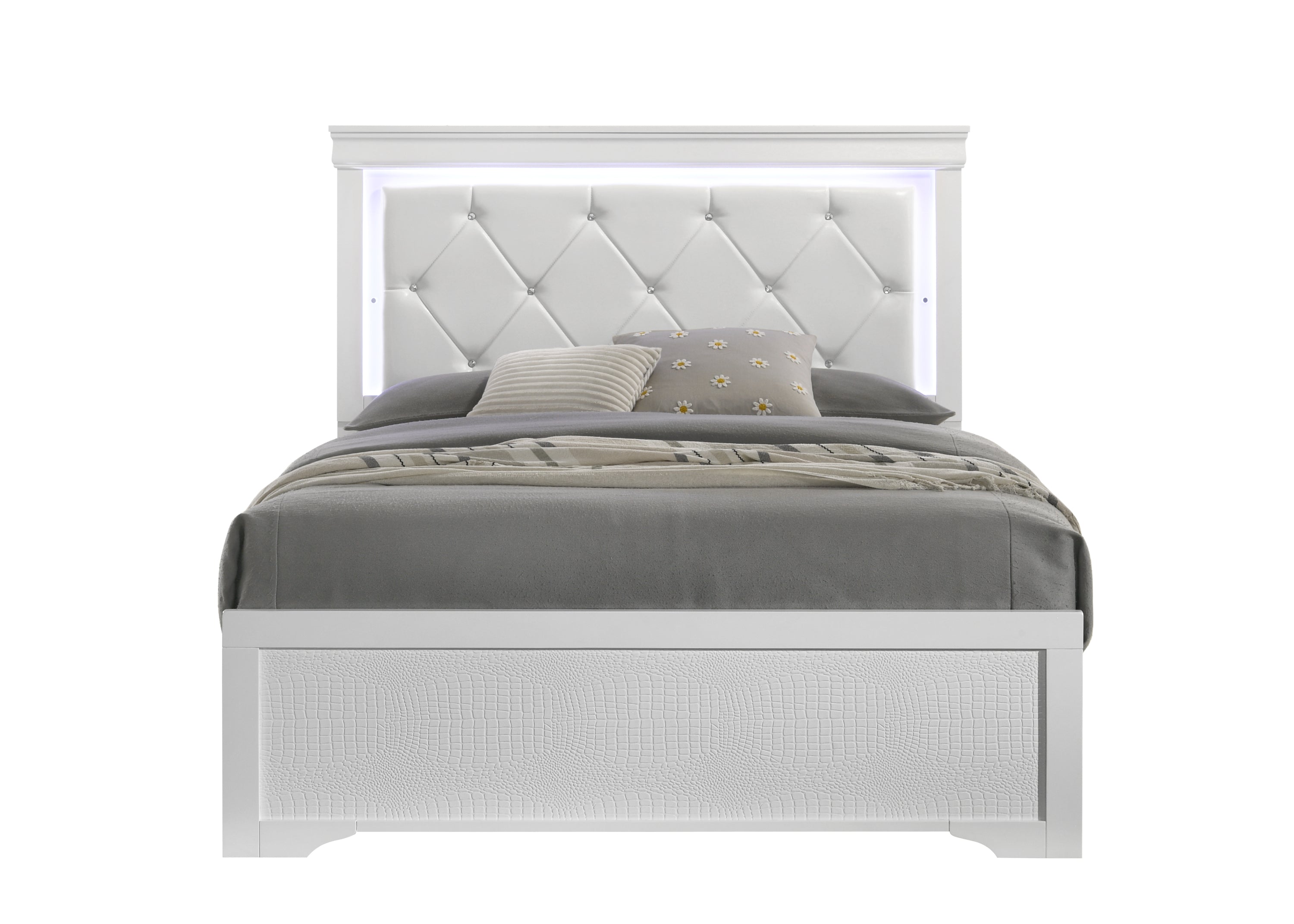 Blaze Upholstered Modern King Bed: LED Headboard, White Wood (CA)