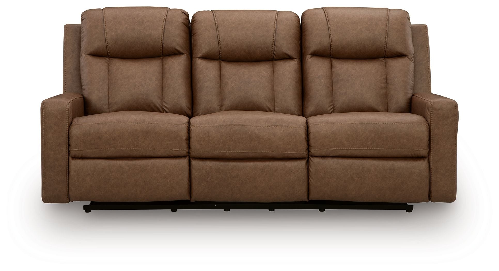 Light brown reclining sofa with tall padded back cushions and segmented seat panels