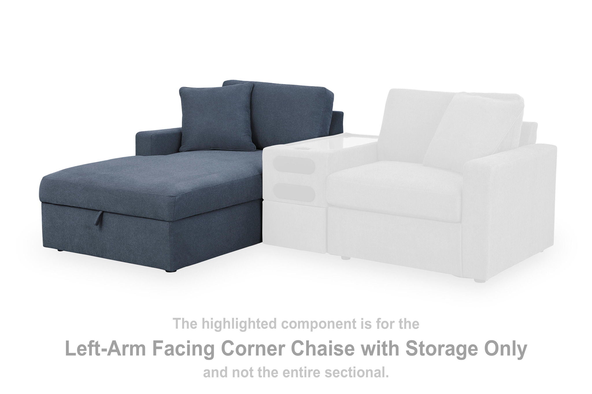 Corner chaise with storage in ink blue and white, with back cushions