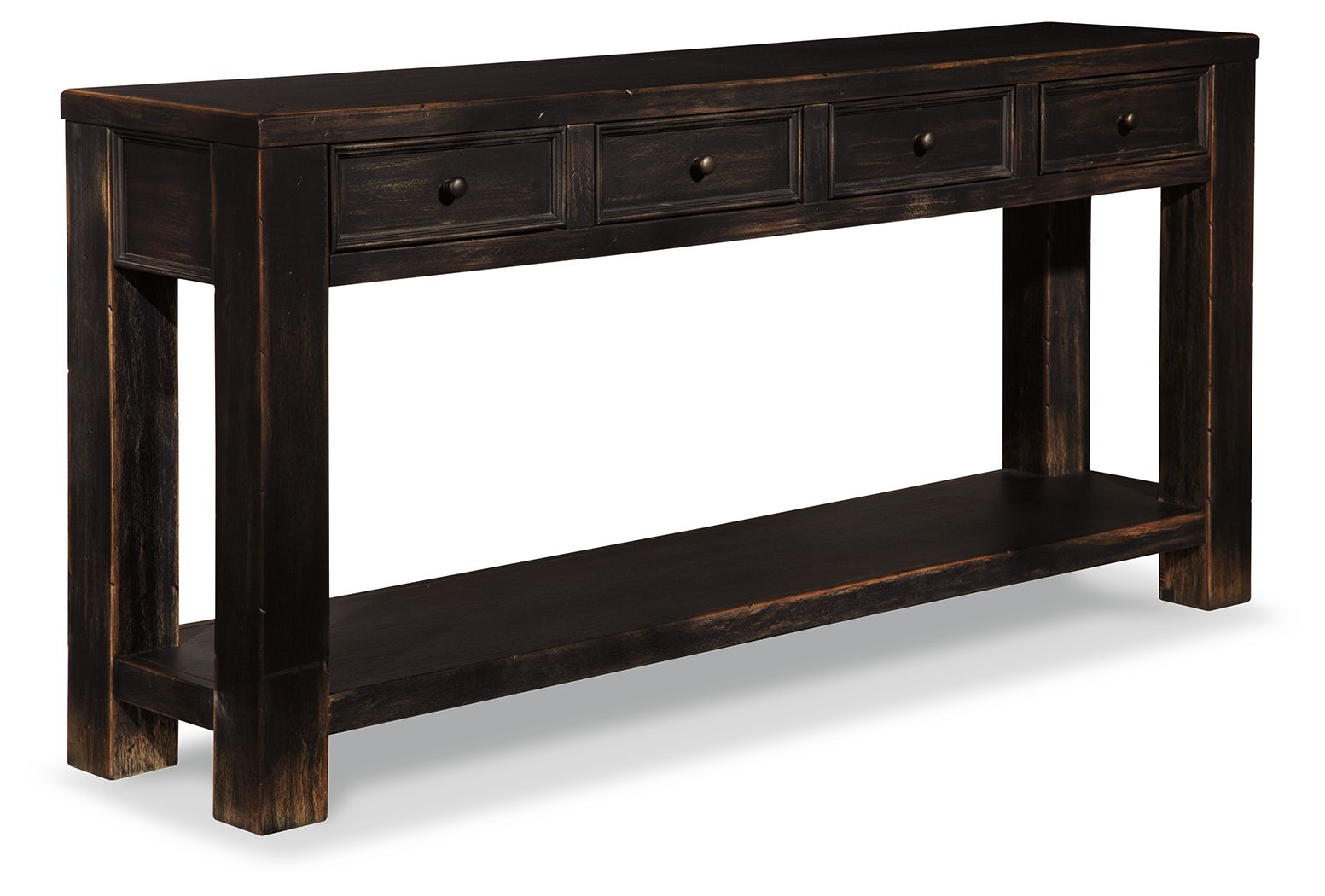 Black sofa table with two-tier open base and long drawer front