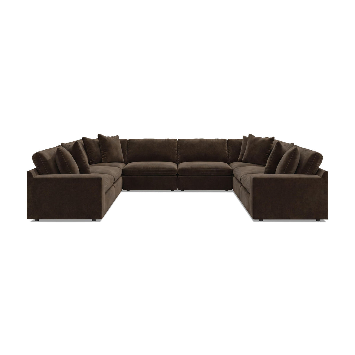Dark brown 8-piece sectional sofa with tufted back cushions and rounded arm sections