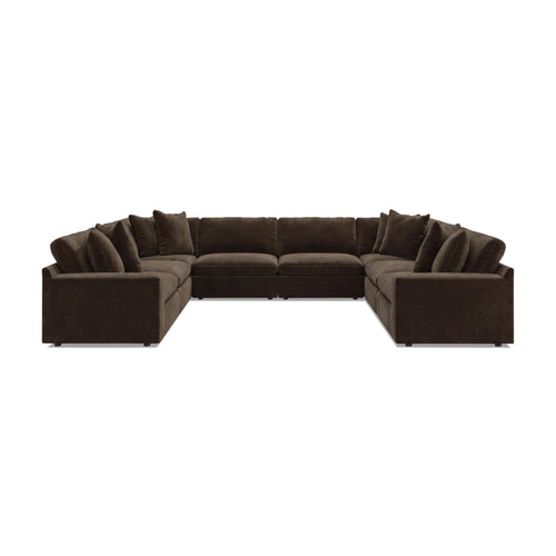 Dark brown 8-piece sectional sofa with tufted back cushions and rounded arm sections