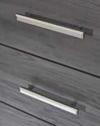 Gray drawer face with two chrome bar handles