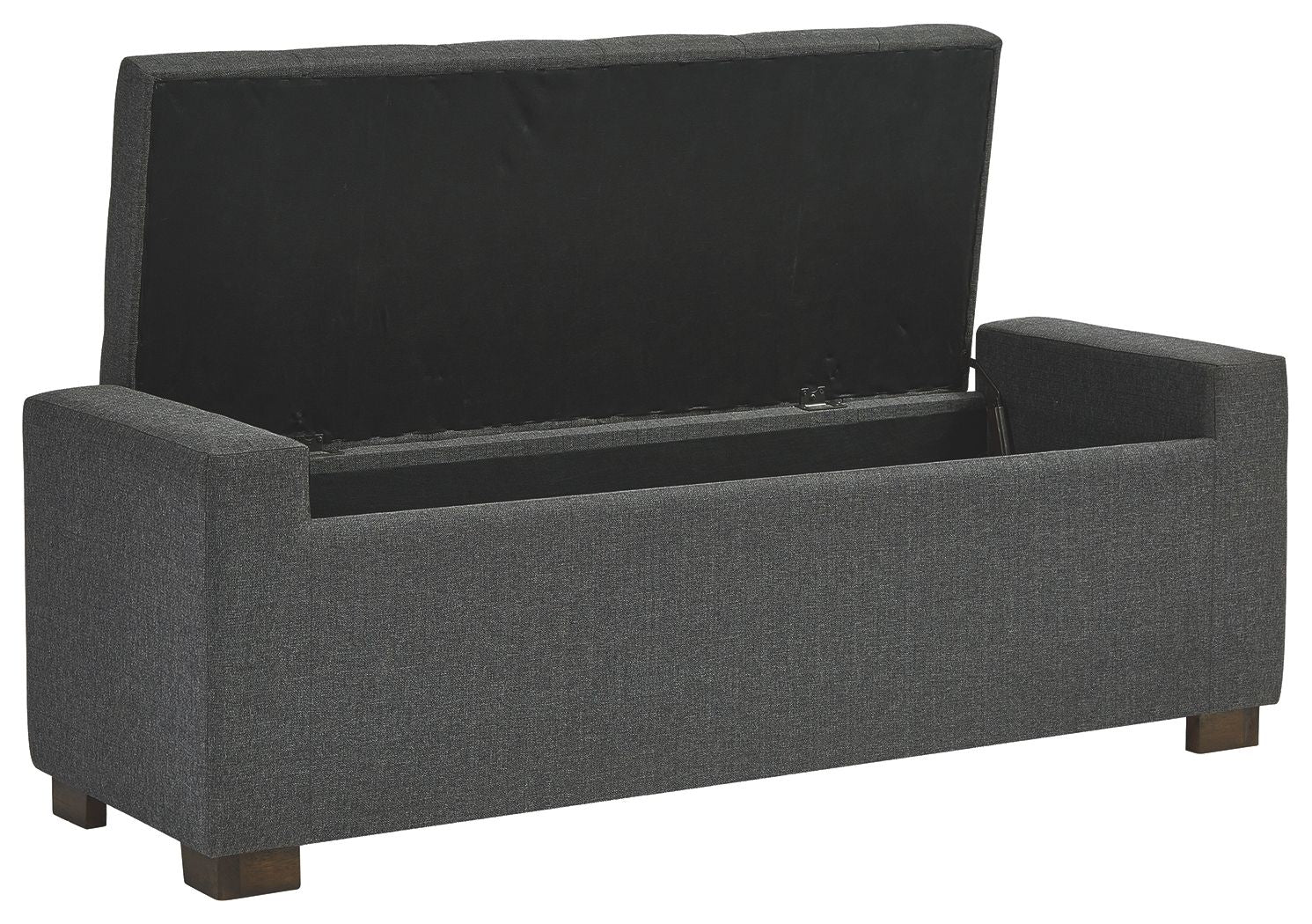 Gray upholstered storage bench with hinged flip-top lid and padded sides