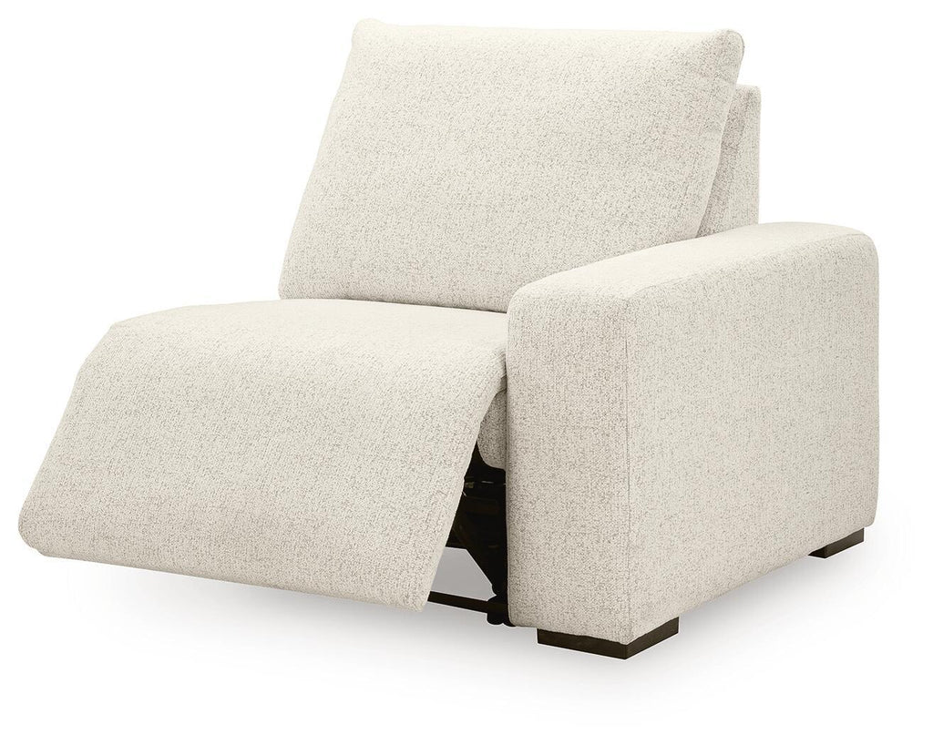 Recliner chair with reclining footrest, light beige fabric, right-side view