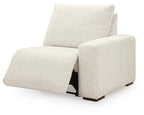 Recliner chair with reclining footrest, light beige fabric, right-side view