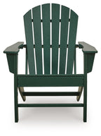 Green Adirondack chair viewed from front, with vertical back slats and wide armrests.