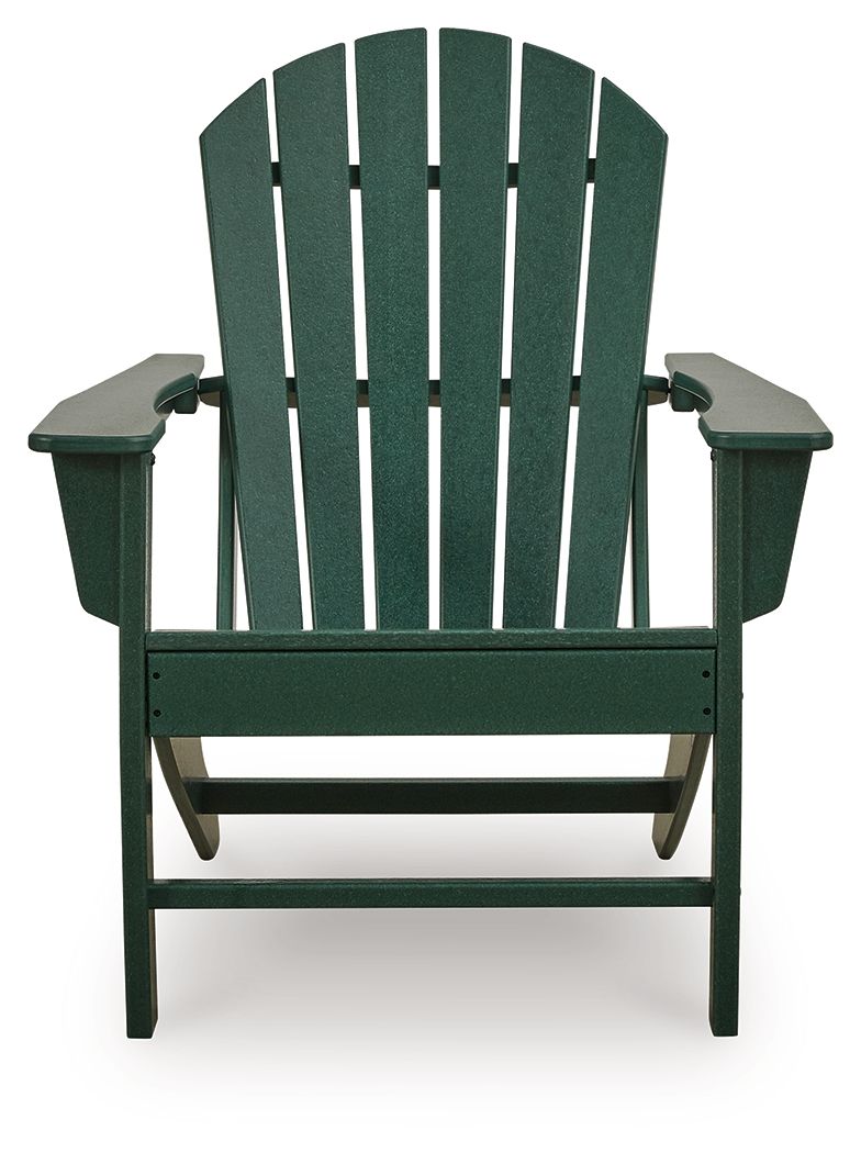 Green Adirondack chair viewed from front, with vertical back slats and wide armrests.