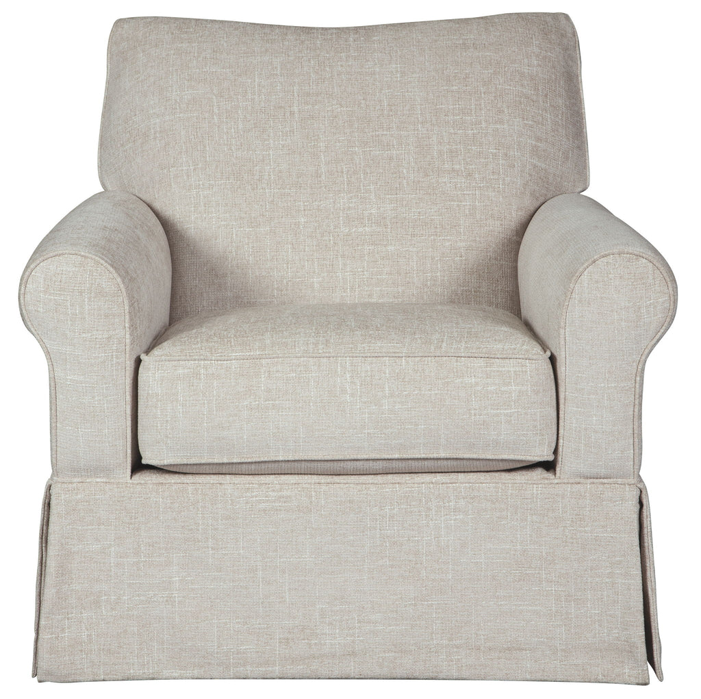 Light beige linen-look upholstered swivel glider accent chair with high back and padded arms.