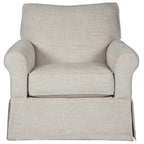 Light beige linen-look upholstered swivel glider accent chair with high back and padded arms.