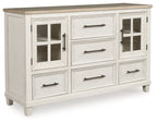 Antique-style dresser, antique white with brown top, glass doors and center drawers