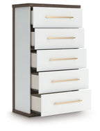 Brown and white five-drawer chest with drawers partially extended, wood bar handles